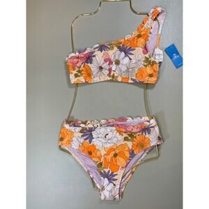 NWT Cupshe Floral Print Scalloped Trim One Shoulder Bikini Size Medium